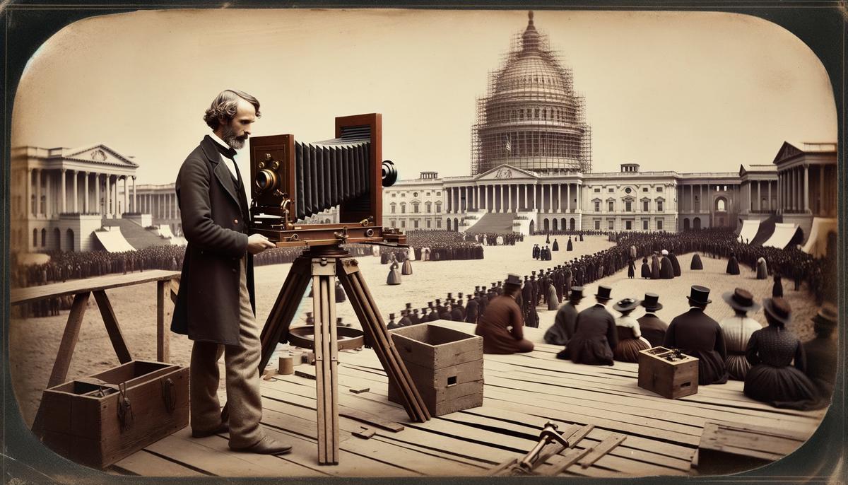 A recreation of John Wood photographing Lincoln's 1861 inauguration, showing Wood with a large format camera on a wooden platform