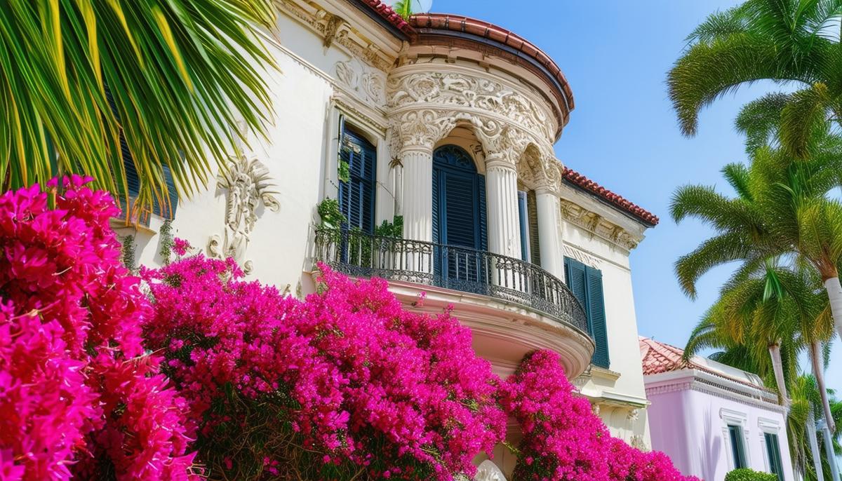 Close-up of intricate Mediterranean architectural details on Worth Avenue, Palm Beach, with bougainvillea flowers in the foreground