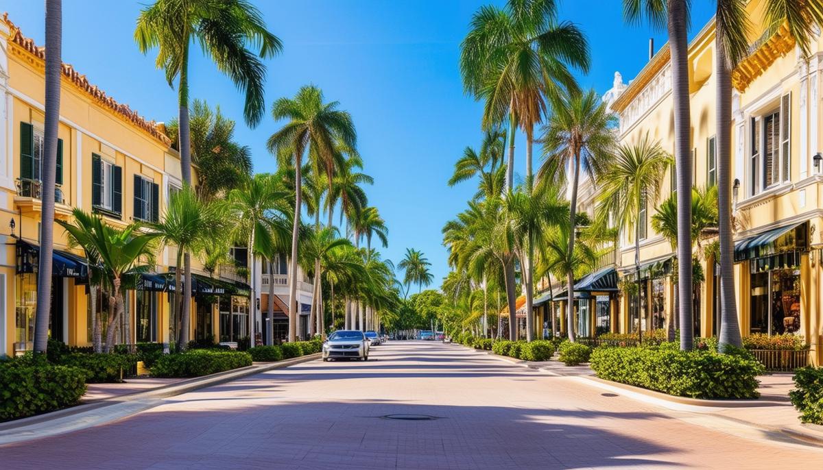 Elegant Mediterranean-inspired architecture of Worth Avenue in Palm Beach with palm-lined streets and luxury boutiques