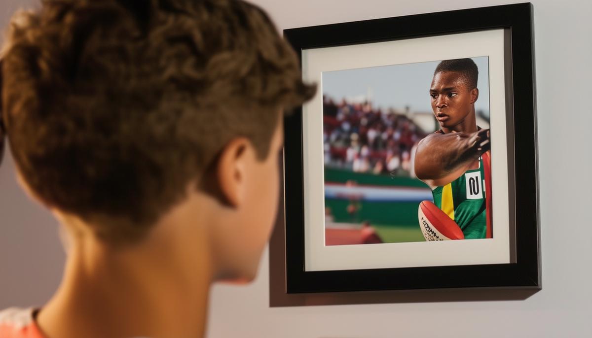 A young athlete looking at a framed action photo of themselves, with a mix of pride and nostalgia on their face